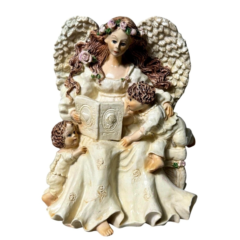 Angel Reading to Children Figurine Heavy Sculpted Floral Wings Cottagecore 5"